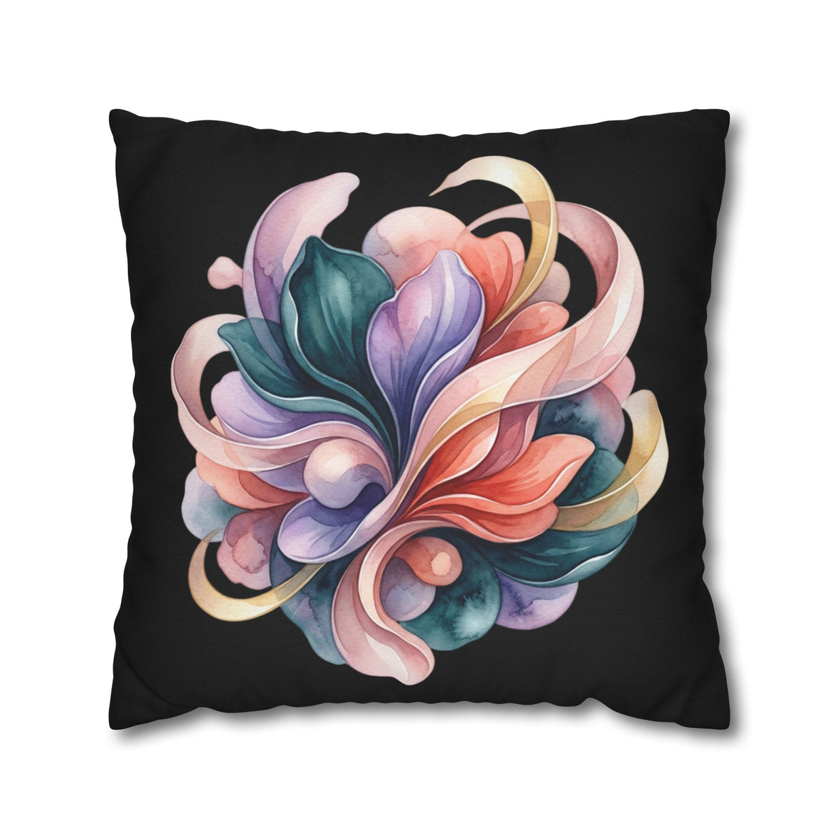 Abstract Floral Throw Pillowcase — Colorful Petal Swirl on Black