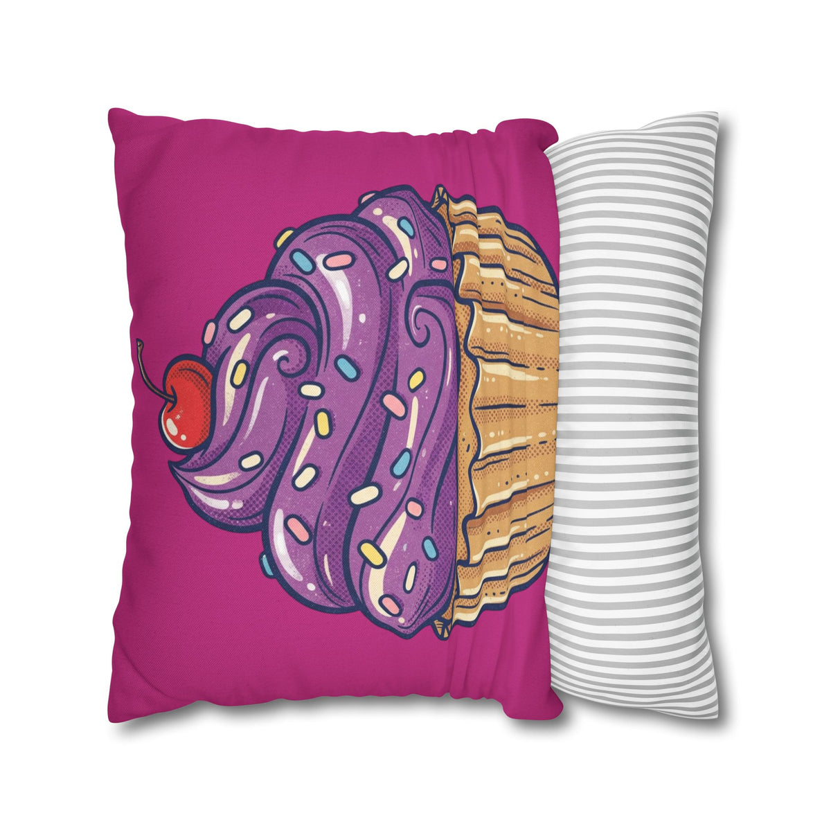 Cupcake Illustration Pillowcase - Purple Frosting Decorative Throw Pillow Cover- Magenta