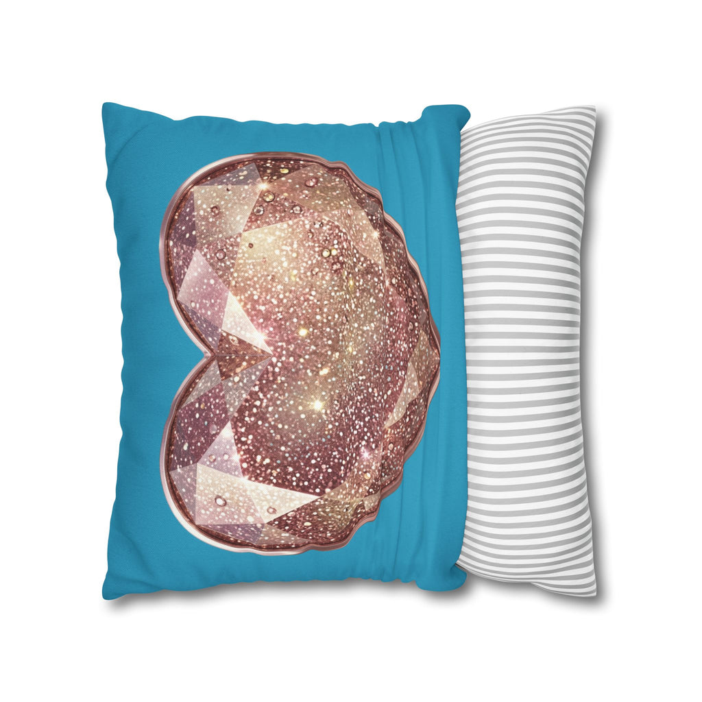 Sparkling Rose Crystal Heart Pillowcase — Decorative Square Throw Pillow Cover- Turquoise