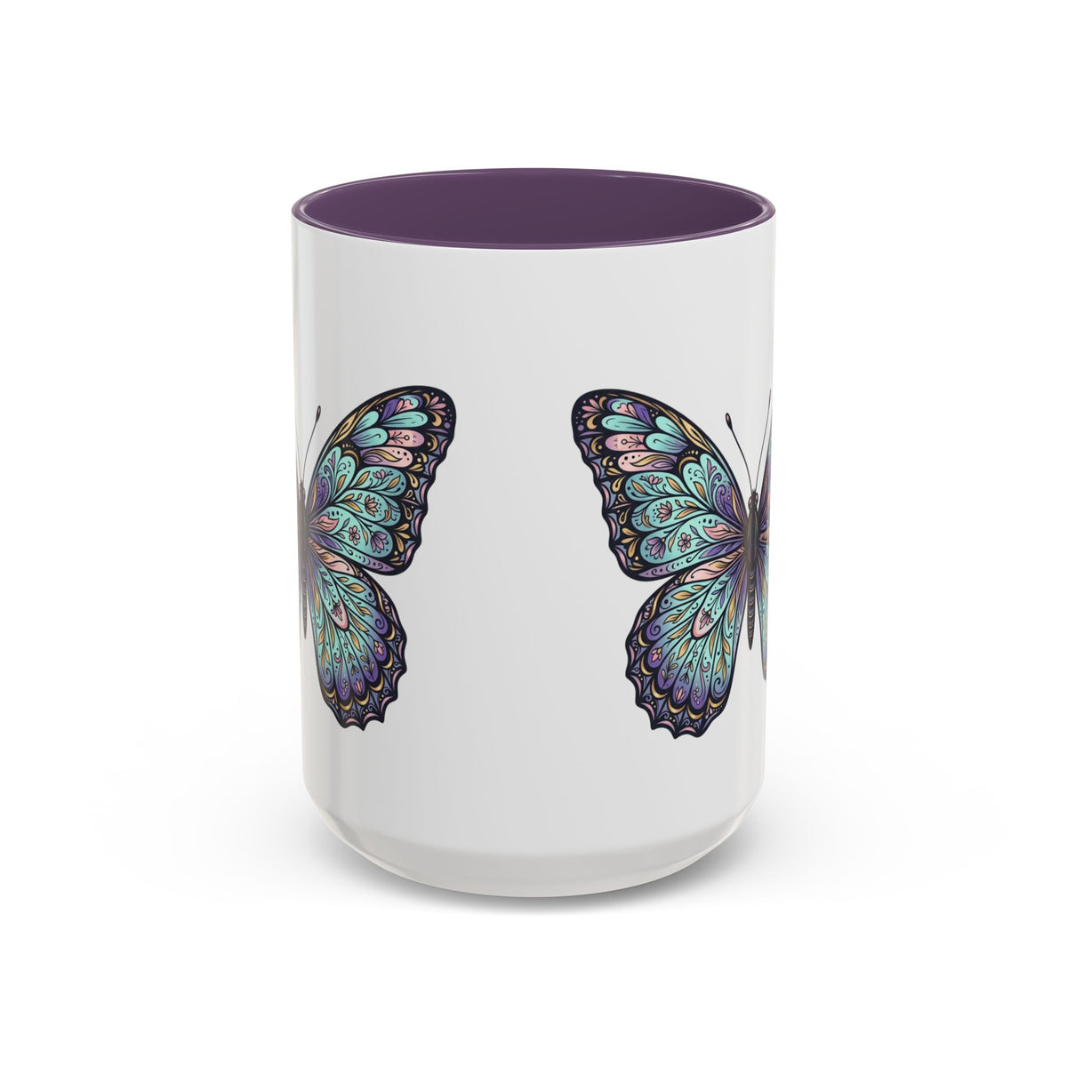 Butterfly Accent Coffee Mug — Teal Mandala Wing Design (11/15oz)