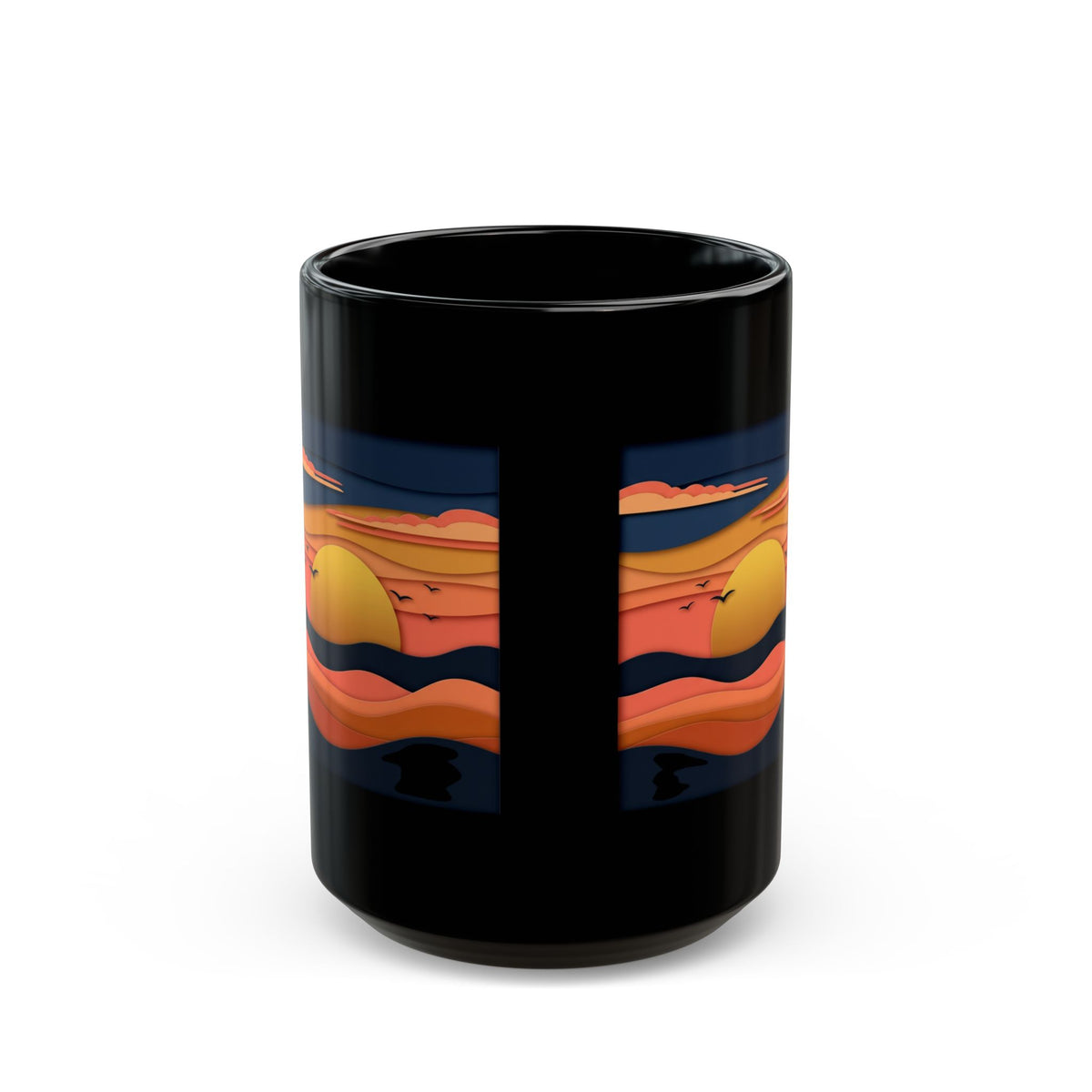 Sunset Waves Black Mug — Retro Ocean Sunrise Coffee Cup (11oz & 15oz)