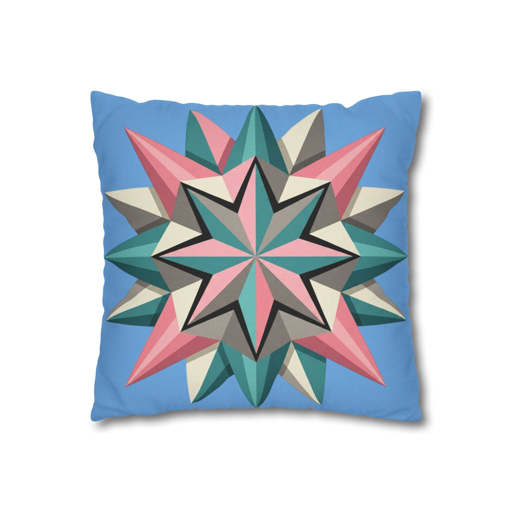 Geometric Starburst Throw Pillowcase – Pastel Compass Design on Sky Blue