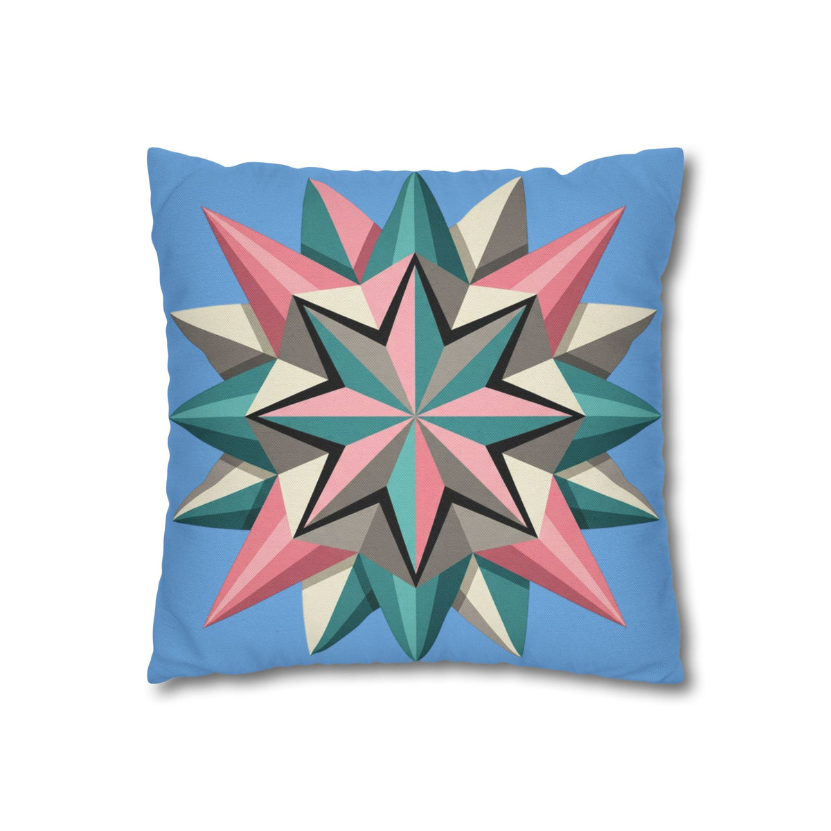 Geometric Starburst Throw Pillowcase – Pastel Compass Design on Sky Blue