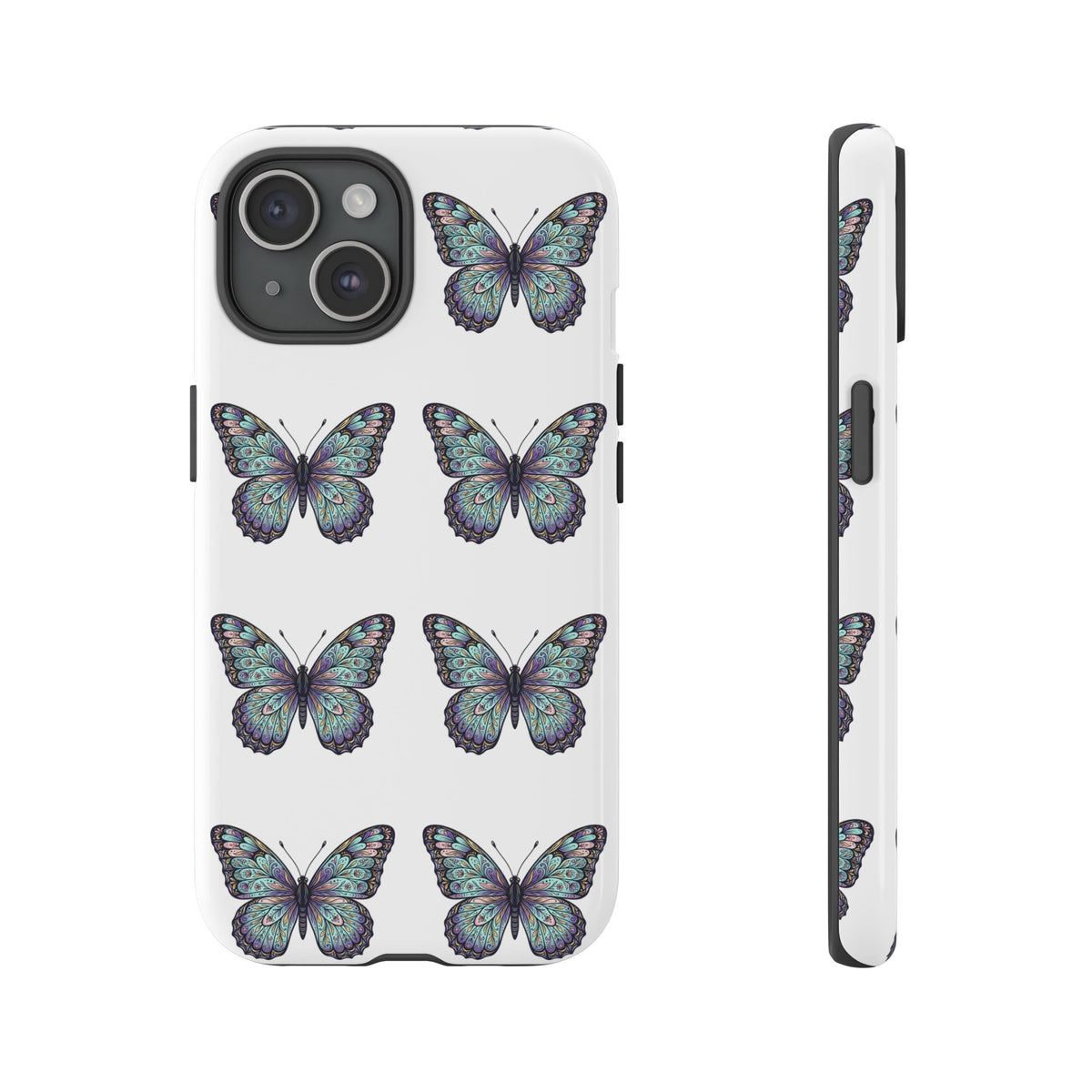 Butterfly Pattern Tough Phone Case — Vintage Teal Floral Protective Cover