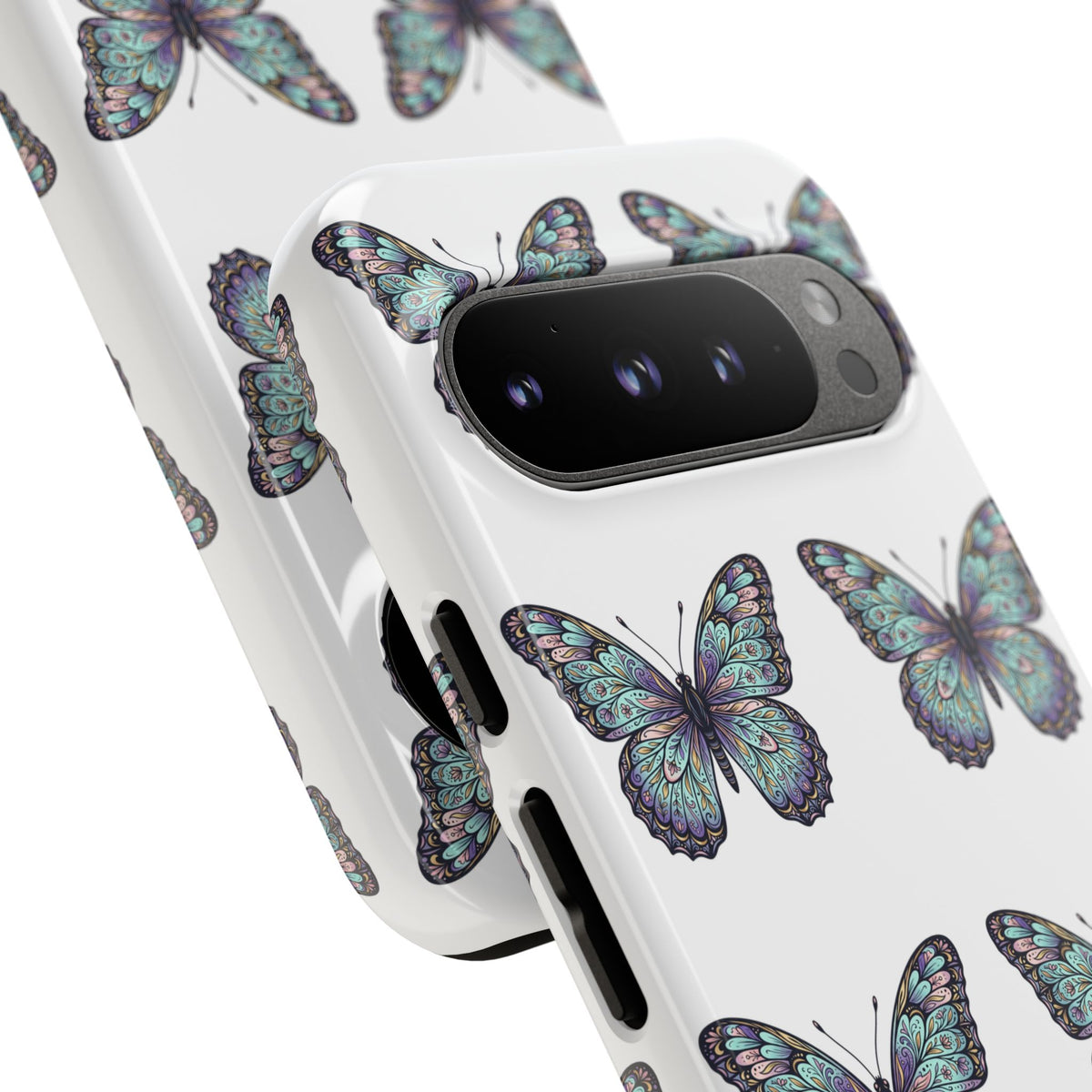 Butterfly Pattern Tough Phone Case — Vintage Teal Floral Protective Cover