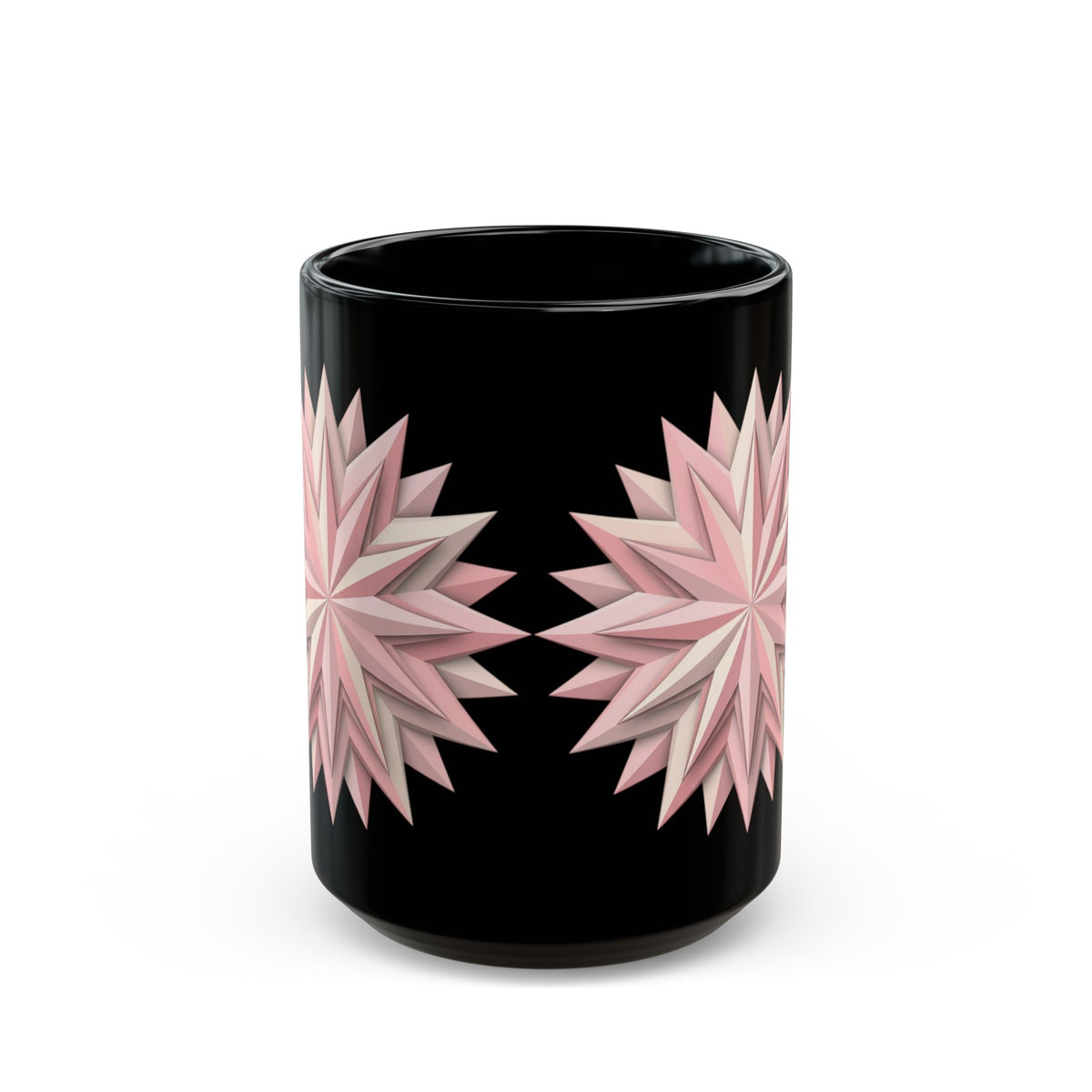 Pink Geometric Star Mug — Black Ceramic Coffee Cup (11oz & 15oz)