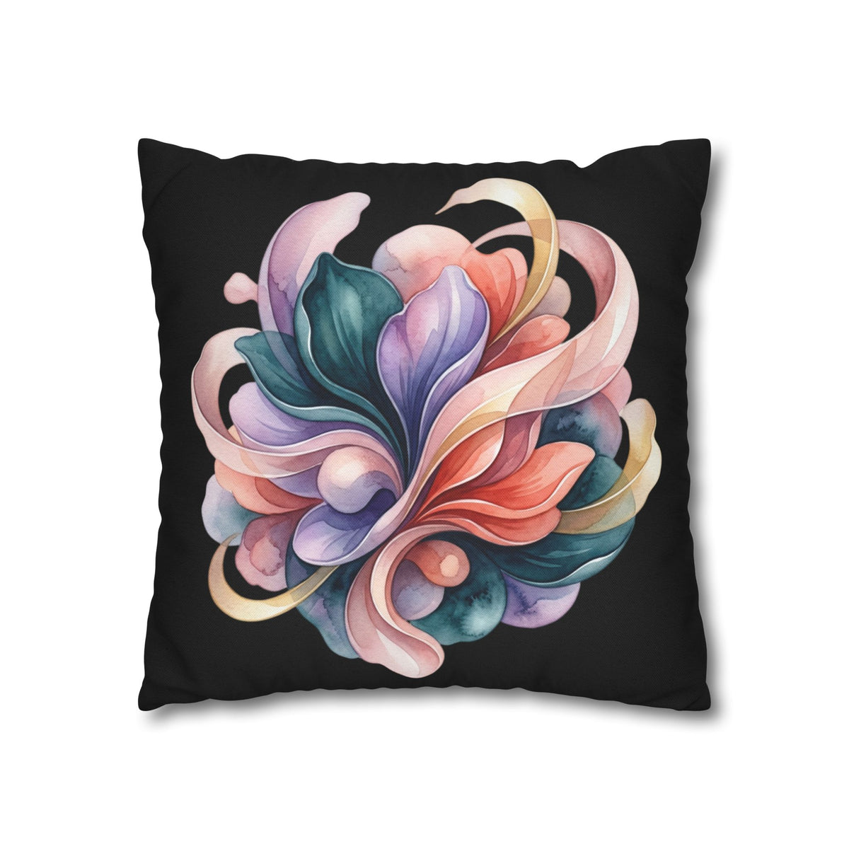 Abstract Floral Throw Pillowcase — Colorful Petal Swirl on Black