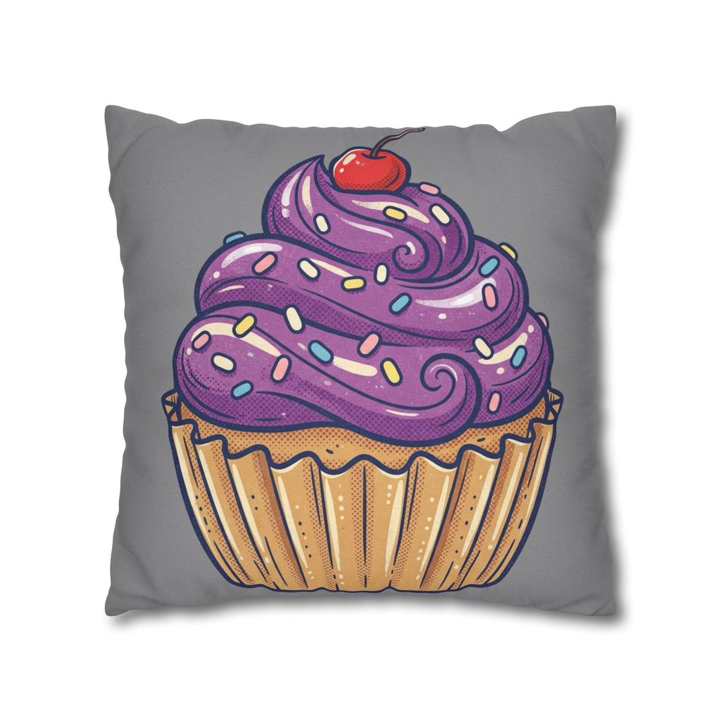 Cupcake Pillowcase — Whimsical Purple Frosting Decorative Throw Pillow- Grey