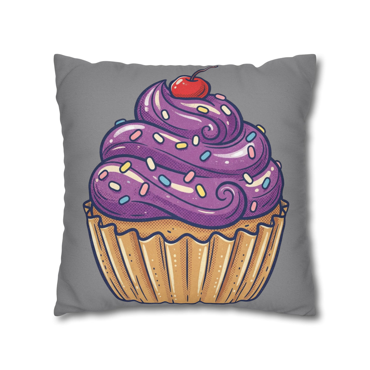 Cupcake Pillowcase — Whimsical Purple Frosting Decorative Throw Pillow- Grey