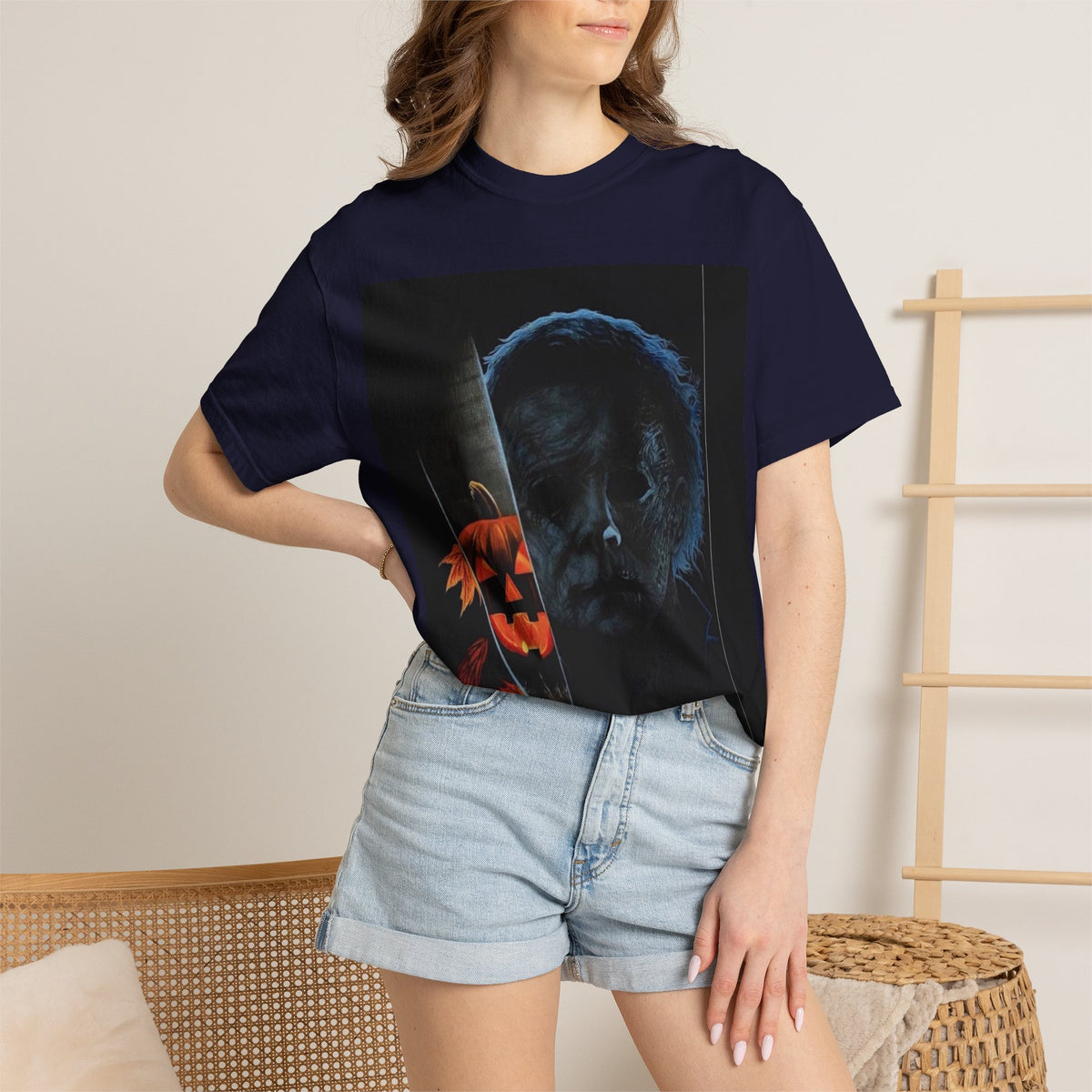 T-Shirt — Halloween Split-Face Pumpkin & Michael Myers Horror Graphic