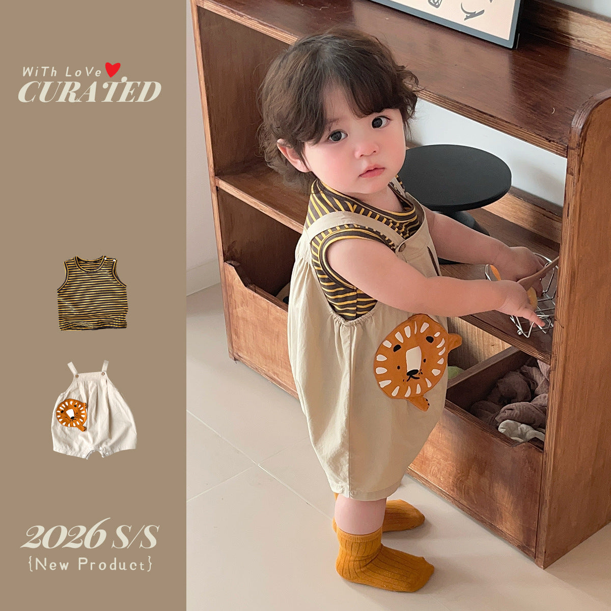 Lion Overalls with Stripe Vest, Two-Piece Set, Children's Summer Clothing