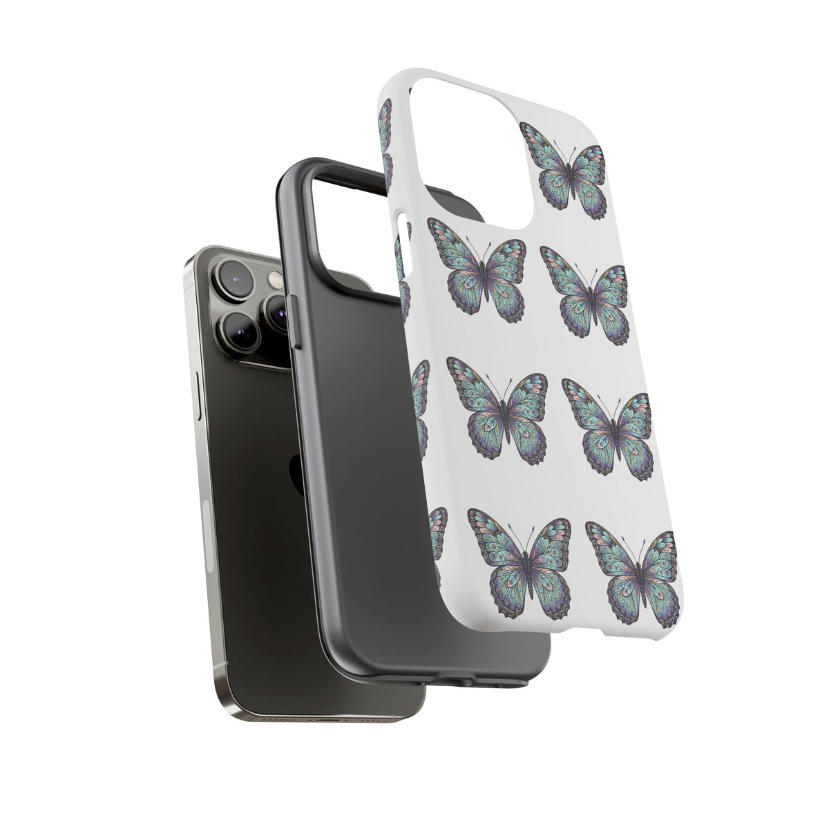 Butterfly Pattern Tough Phone Case — Vintage Teal Floral Protective Cover