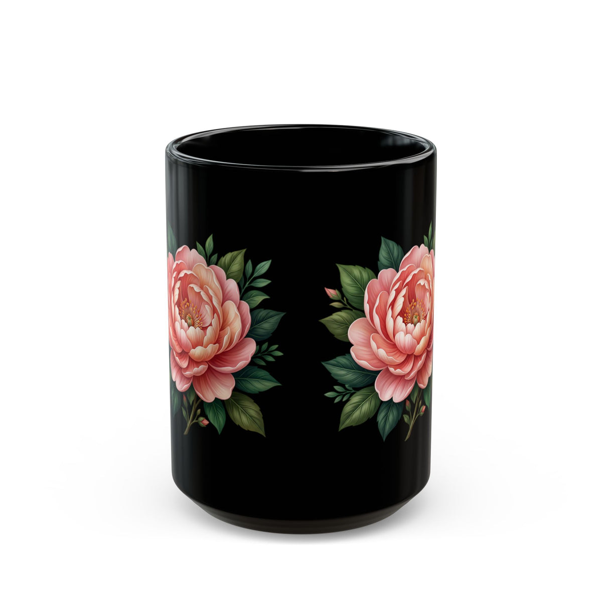 Floral Peony Black Mug — Pink Rose Coffee Cup (11oz, 15oz)