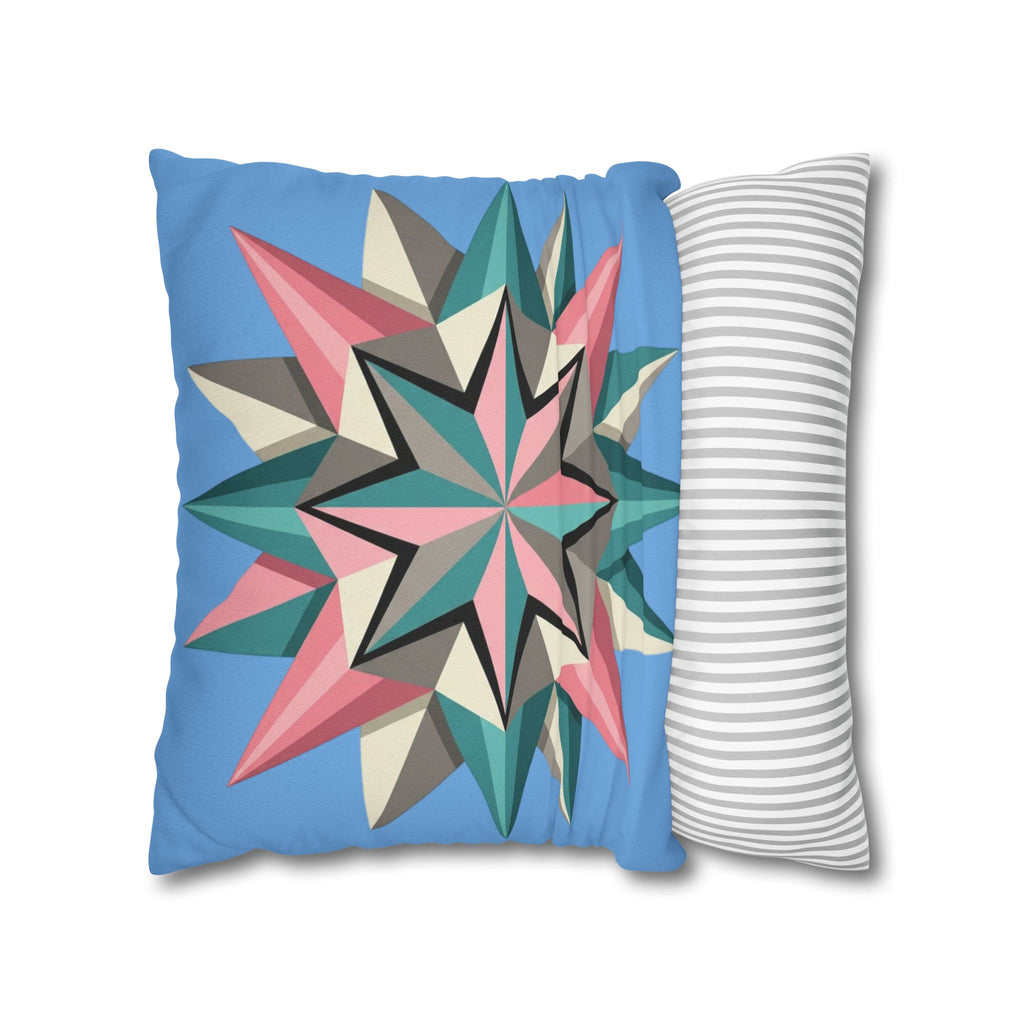 Geometric Starburst Throw Pillowcase – Pastel Compass Design on Sky Blue