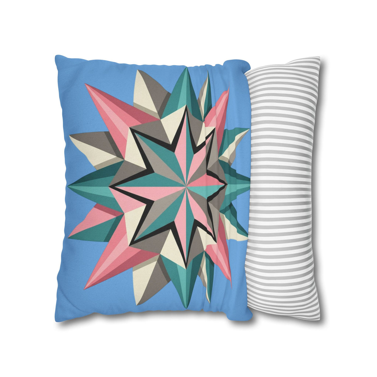 Geometric Starburst Throw Pillowcase – Pastel Compass Design on Sky Blue