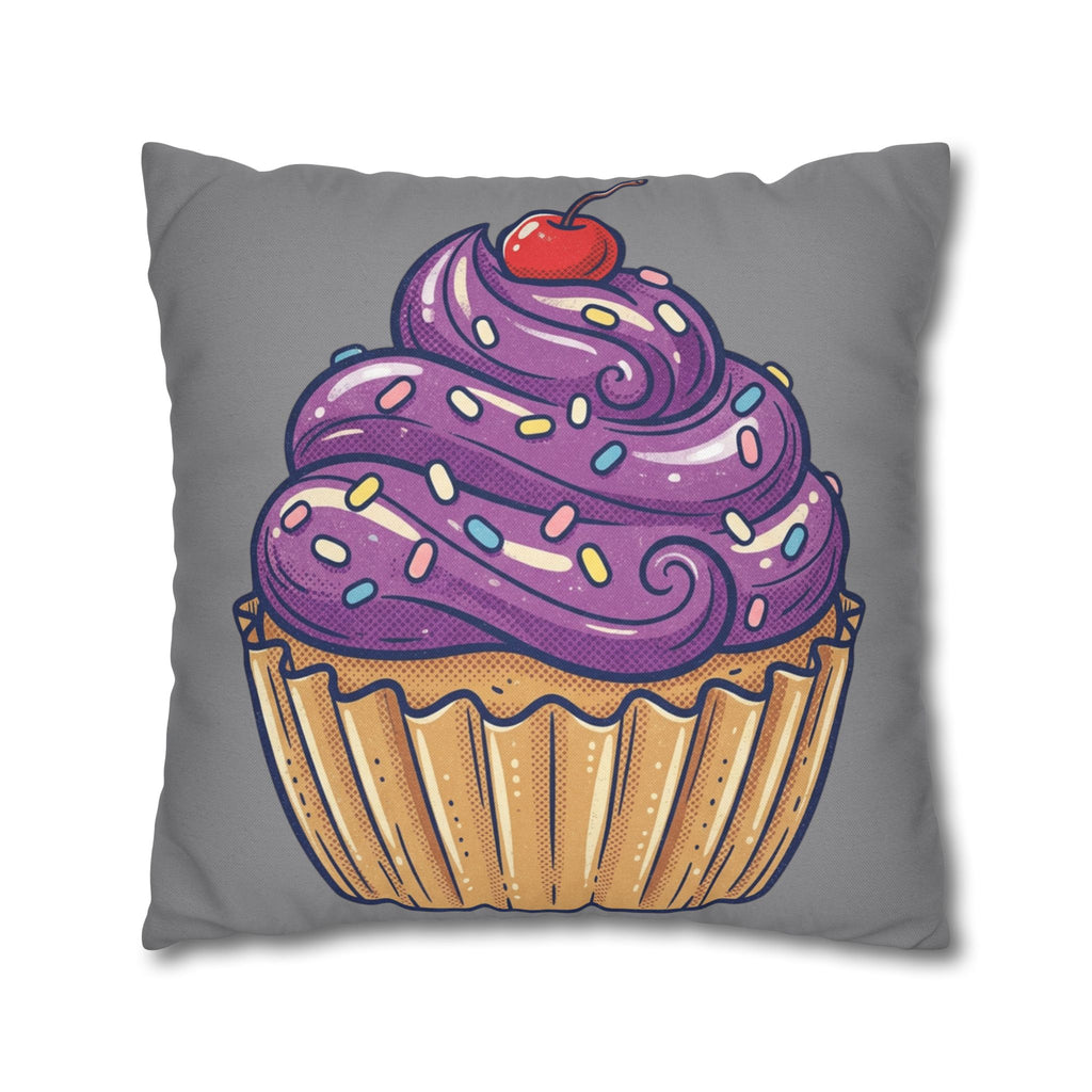 Cupcake Pillowcase — Whimsical Purple Frosting Decorative Throw Pillow- Grey