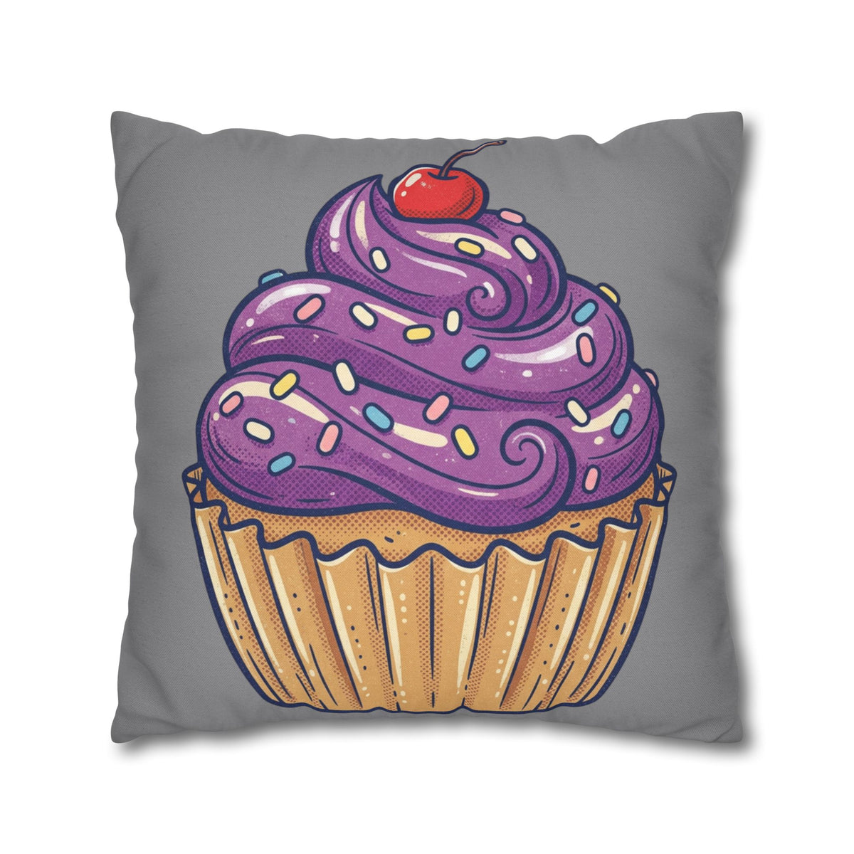Cupcake Pillowcase — Whimsical Purple Frosting Decorative Throw Pillow- Grey