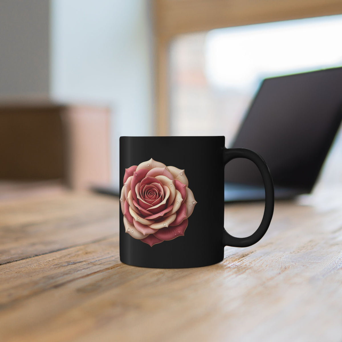Black Rose Mug — Elegant Pink Rose on Black Ceramic (11oz & 15oz)