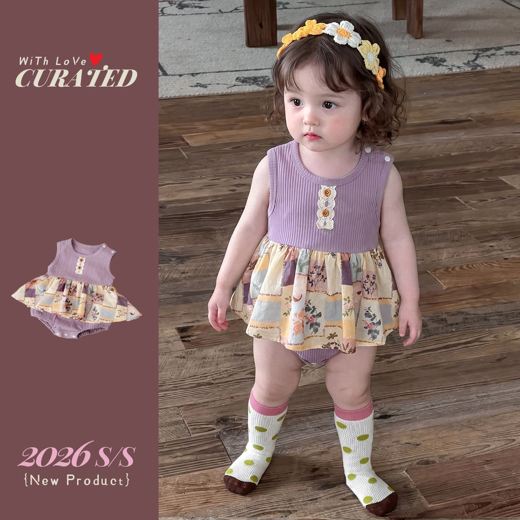 Striped Floral Patchwork Onesie, Newborn Baby Outfit for Outdoor Wear