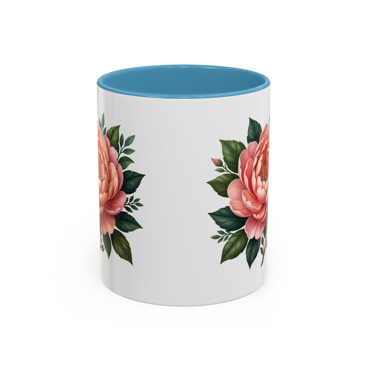 Floral Peony Accent Coffee Mug — Pink Rose Bloom Ceramic Cup