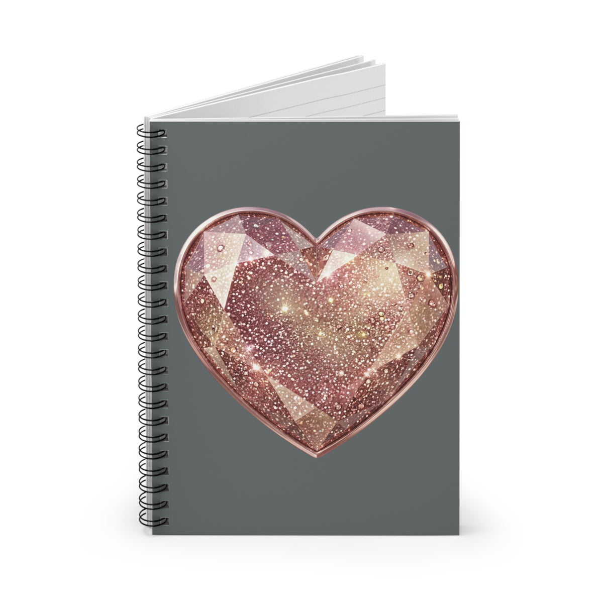 Sparkling Rose Gold Heart Spiral Notebook — Ruled Journal for Notes & Gifts- Dark Grey