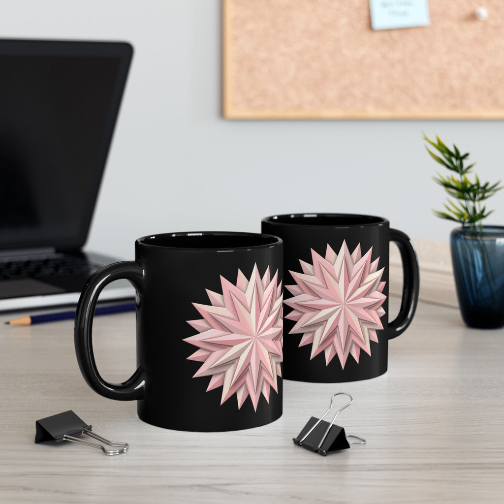 Pink Geometric Star Mug — Black Ceramic Coffee Cup (11oz & 15oz)