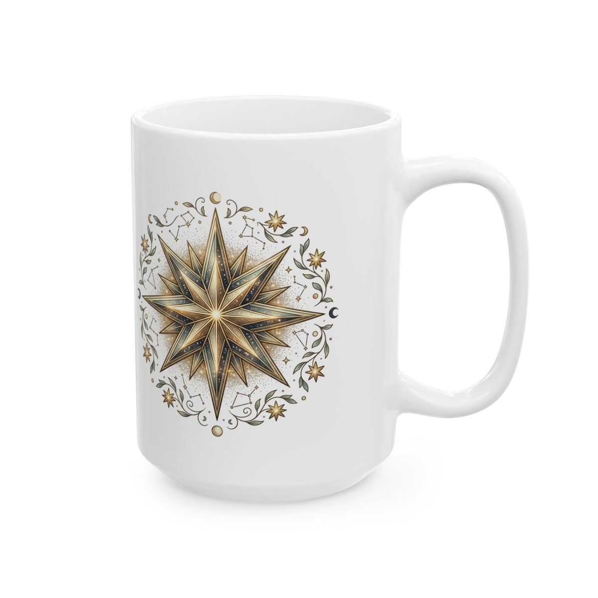 Boho Compass Ceramic Mug – Gold Sun Mandala Coffee Cup (11oz & 15oz)
