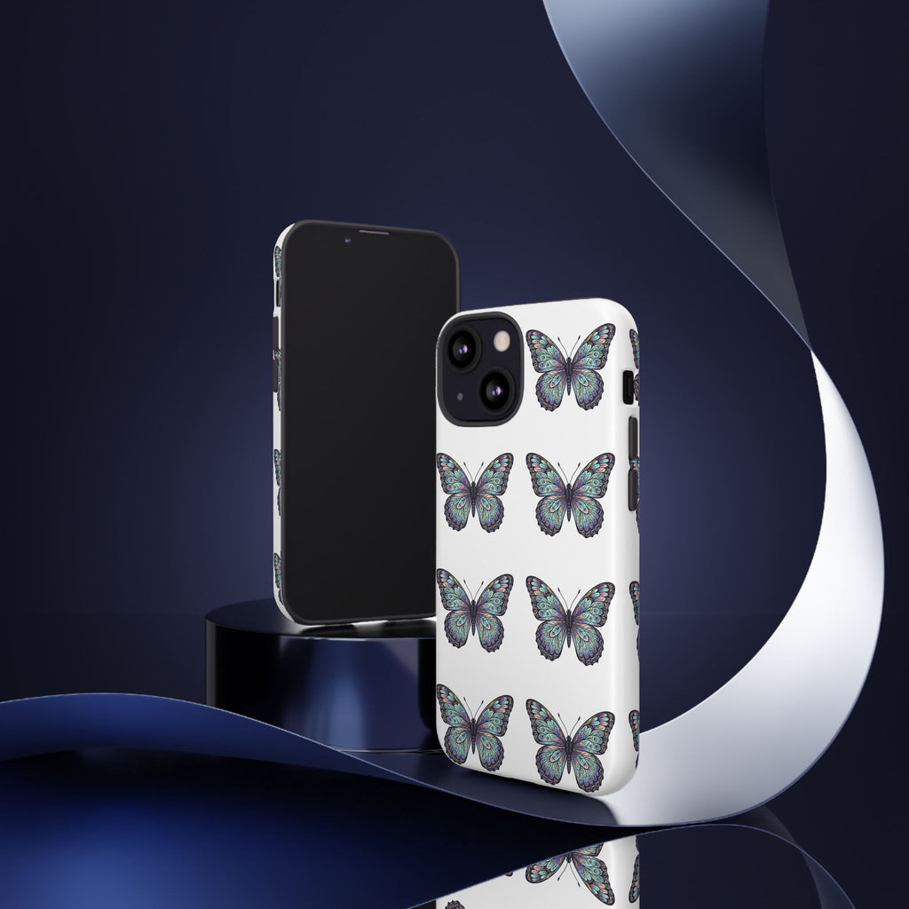 Butterfly Pattern Tough Phone Case — Vintage Teal Floral Protective Cover