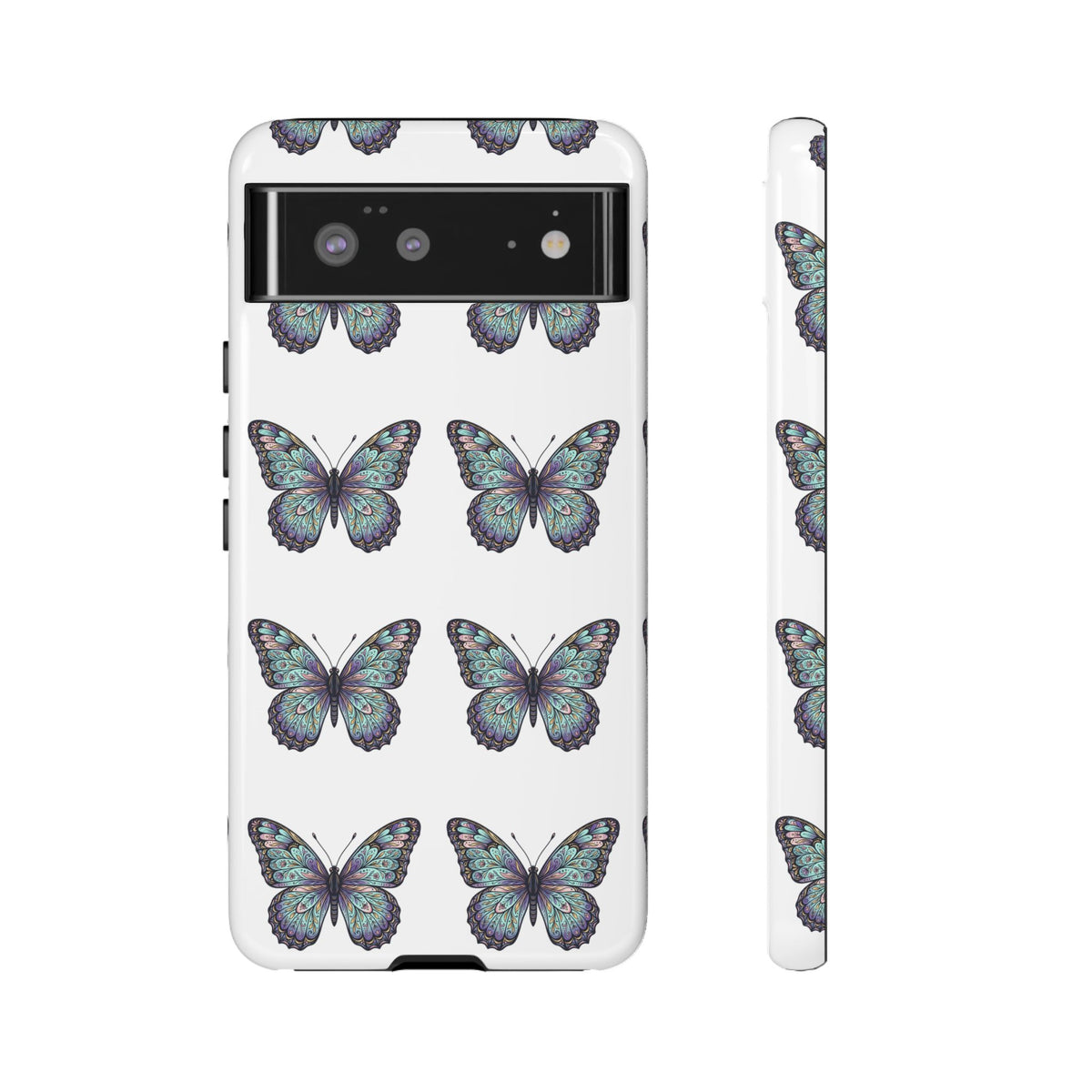 Butterfly Pattern Tough Phone Case — Vintage Teal Floral Protective Cover