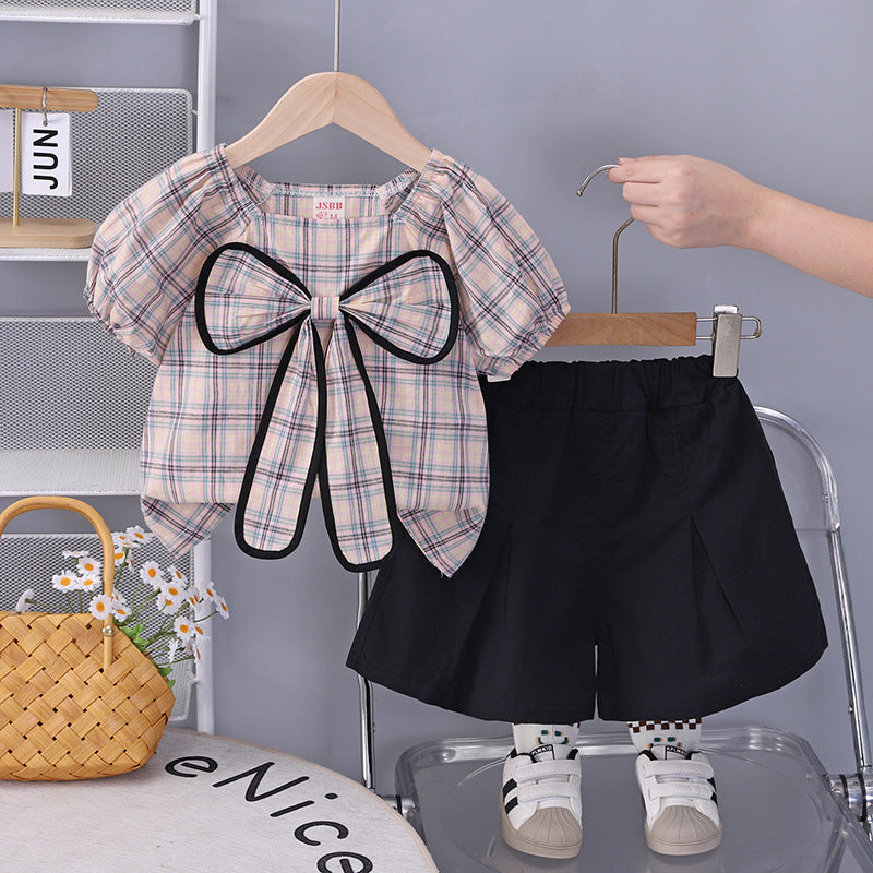 Cute plaid short sleeved shorts two-piece set