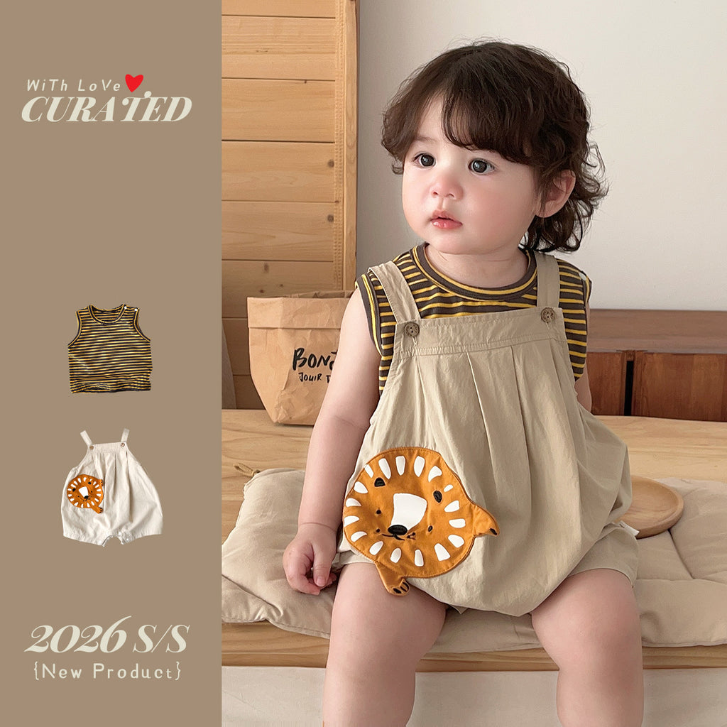 Lion Overalls with Stripe Vest, Two-Piece Set, Children's Summer Clothing