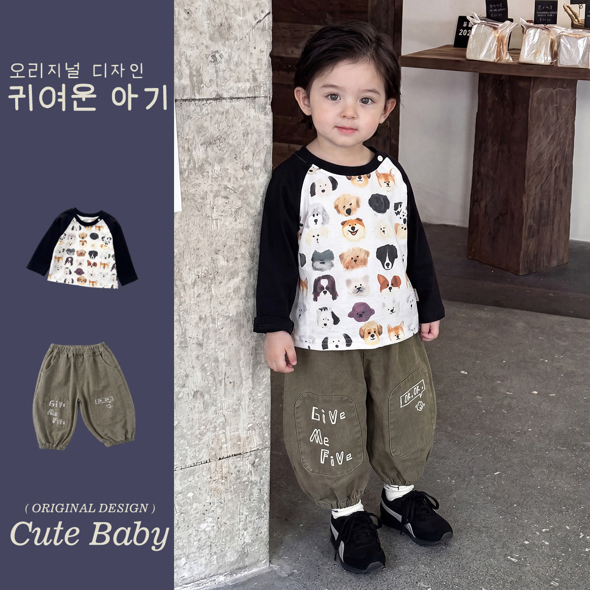 Two-Piece Set for Boys Dog Print Base Layer Lantern Pants Cool Baby Boy Outfit