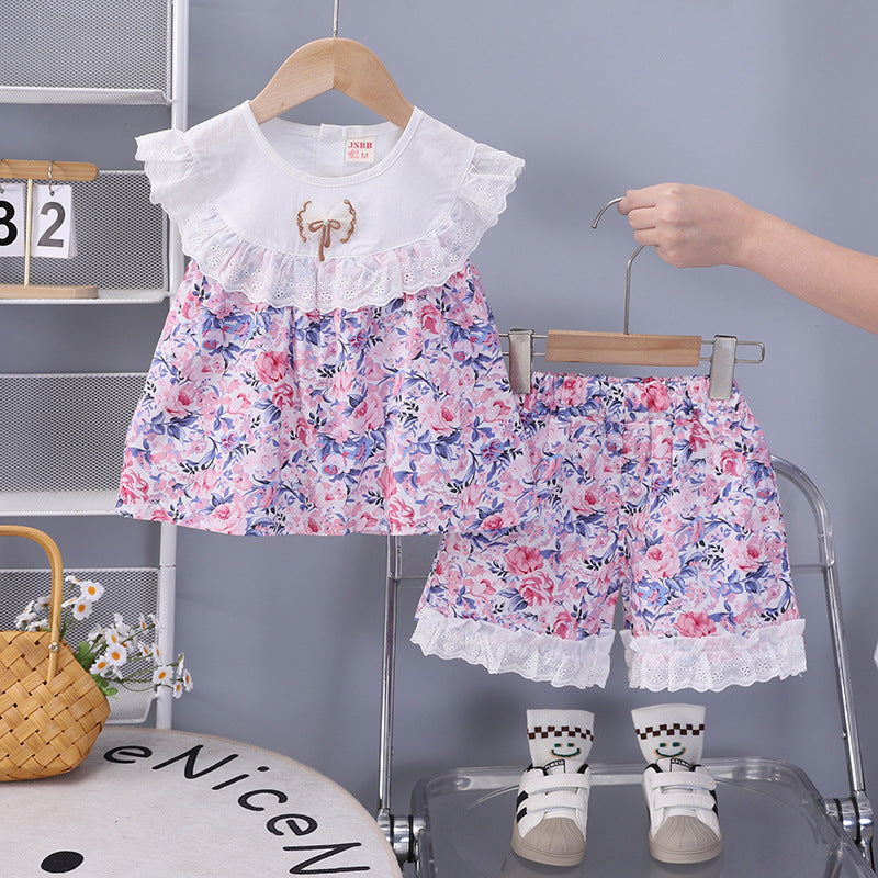 Summer clothes big flower short sleeved two-piece set