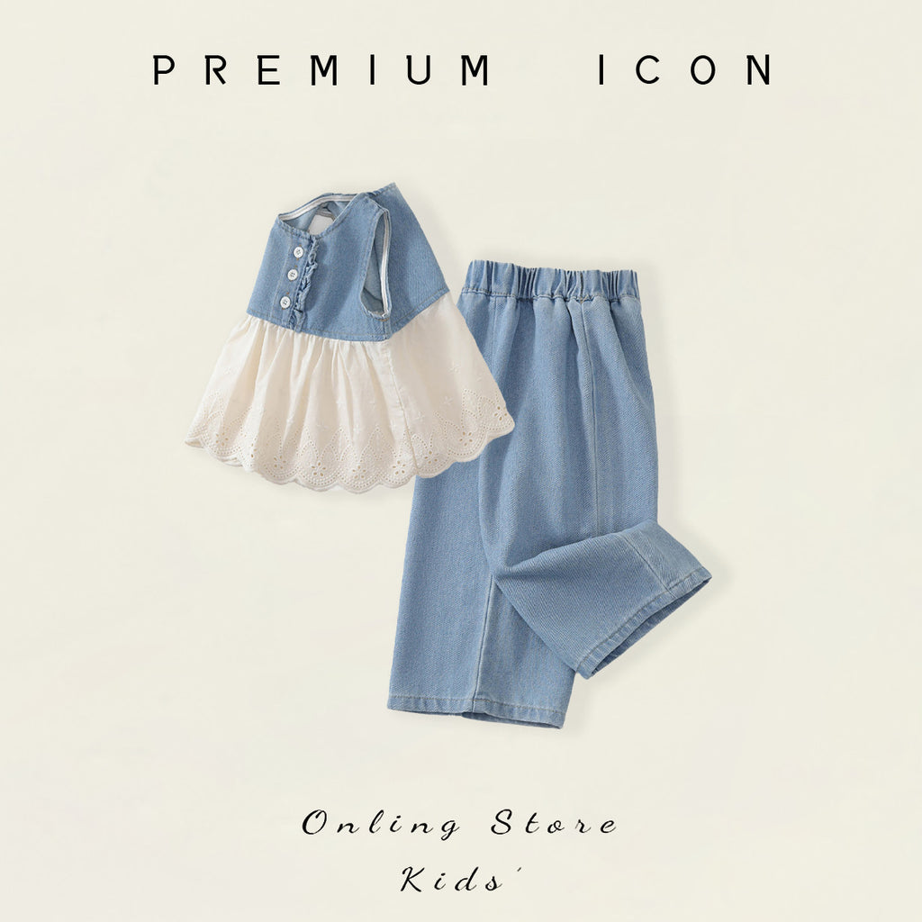 Denim Vest and Wide-Leg Pants Two-Piece Set for Girls