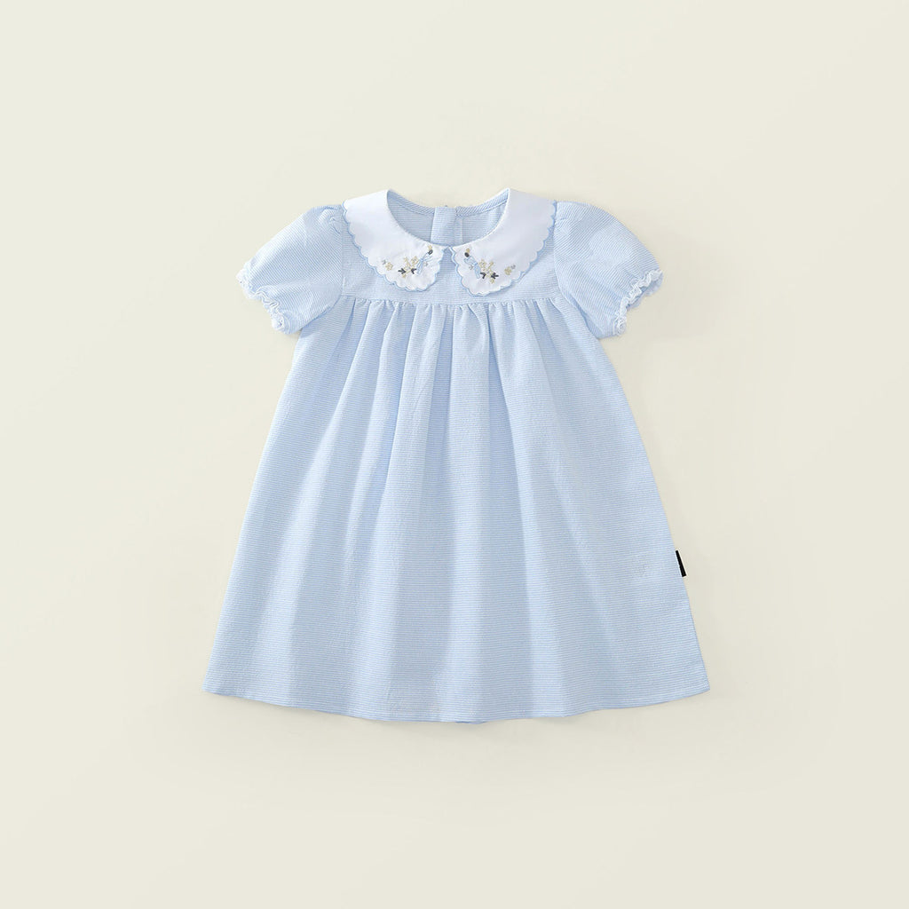 Girls' Peter Pan Collar Embroidered Short Sleeve Dress