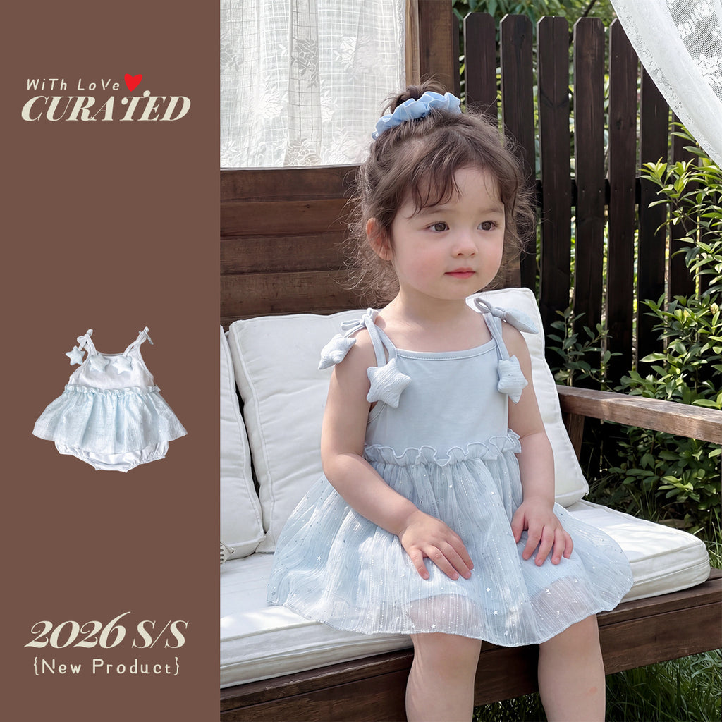 Romper with Star Sequin Tulle Dress, Sleeveless Bodysuit for Infants and Toddlers, Outing Crawling Suit, Girl's Straps One-Piece Clothing