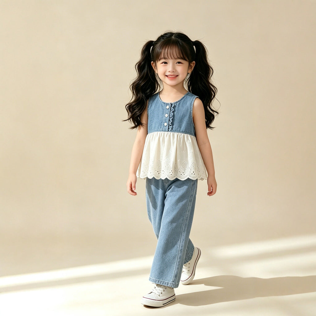 Denim Vest and Wide-Leg Pants Two-Piece Set for Girls