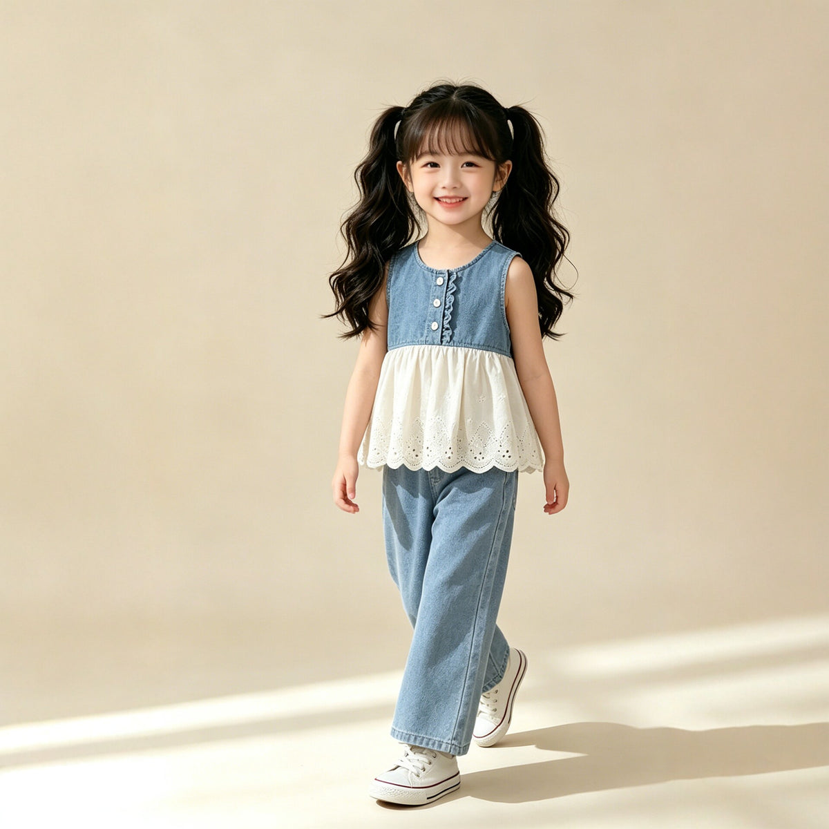 Denim Vest and Wide-Leg Pants Two-Piece Set for Girls