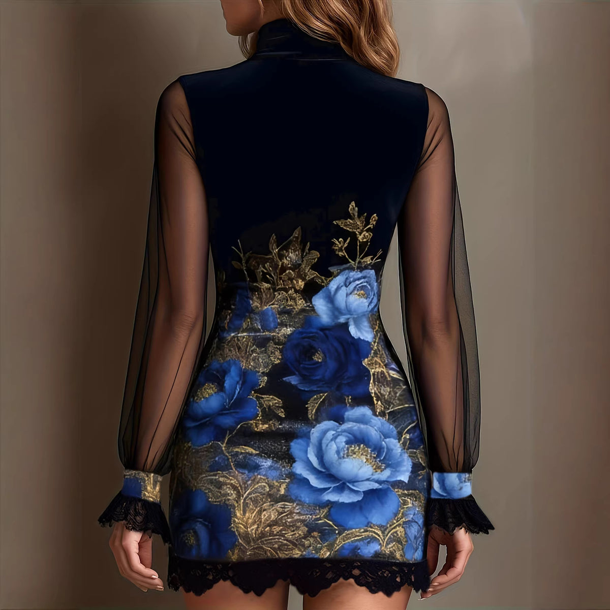 Lace Trim Patchwork Dress with Elegant Printed Tulle Design Fitted Mini Dress