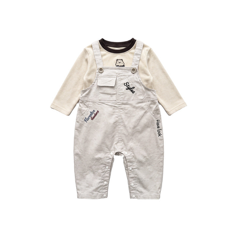 Soft Cartoon Long Sleeve T-Shirt Two-Piece Set, 1-Year-Old Boy Bib Pants Autumn