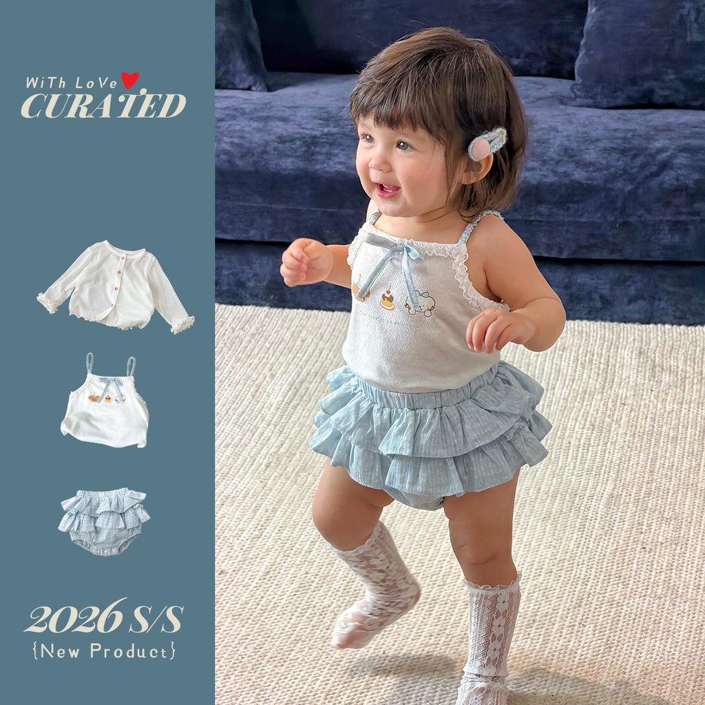 Cute Cartoon Strap Ruffle Bloomers Dress Set for Girls Kids Clothing, Summer Outfit Two-Piece Set