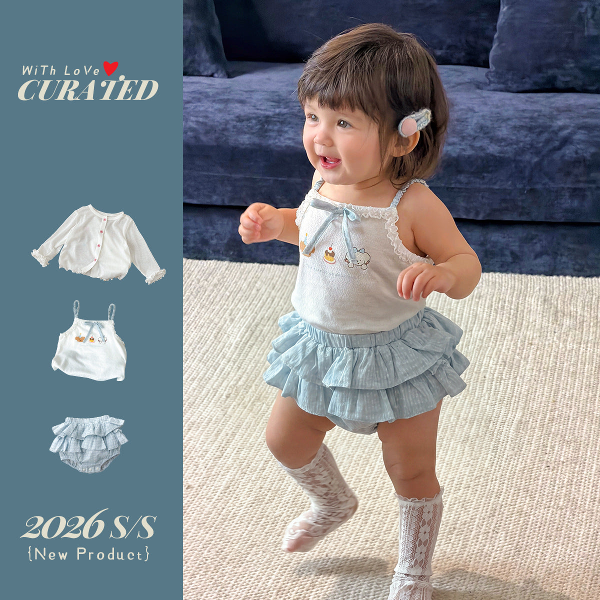 Cute Cartoon Strap Ruffle Bloomers Dress Set for Girls Kids Clothing, Summer Outfit Two-Piece Set
