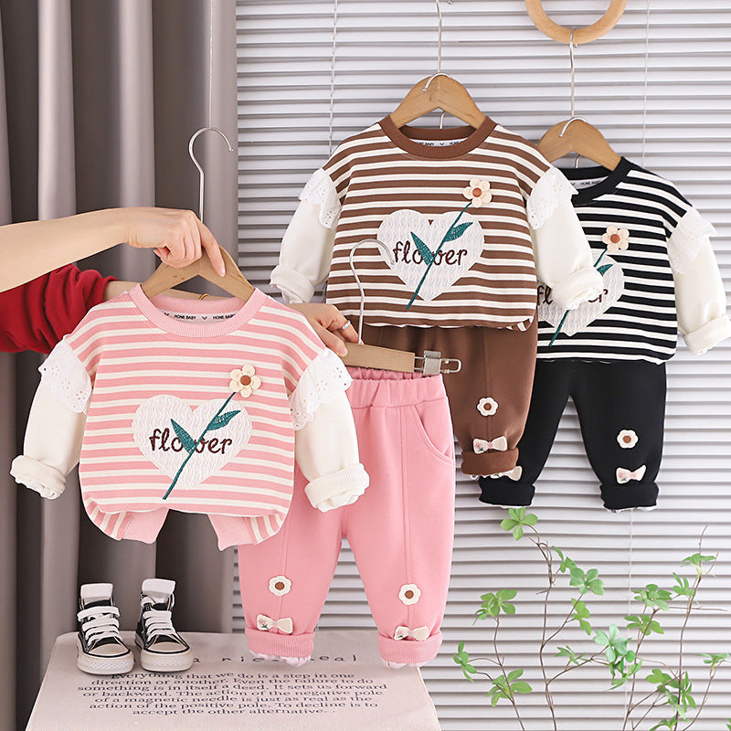 Children's striped casual long sleeved two-piece set baby autumn clothes