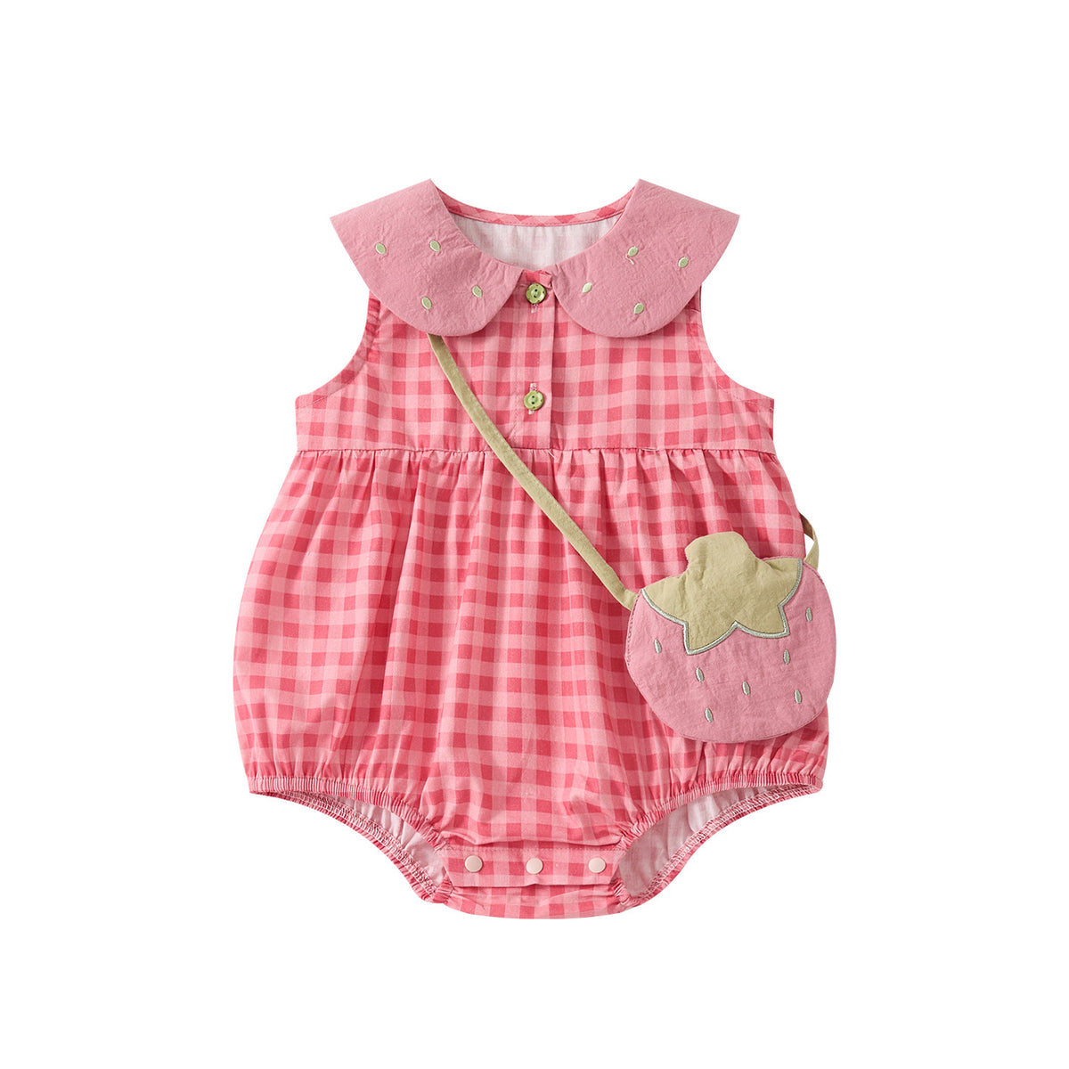 Baby Girl Cotton Checkered Sleeveless Romper with Peter Pan Collar Infant Clothes