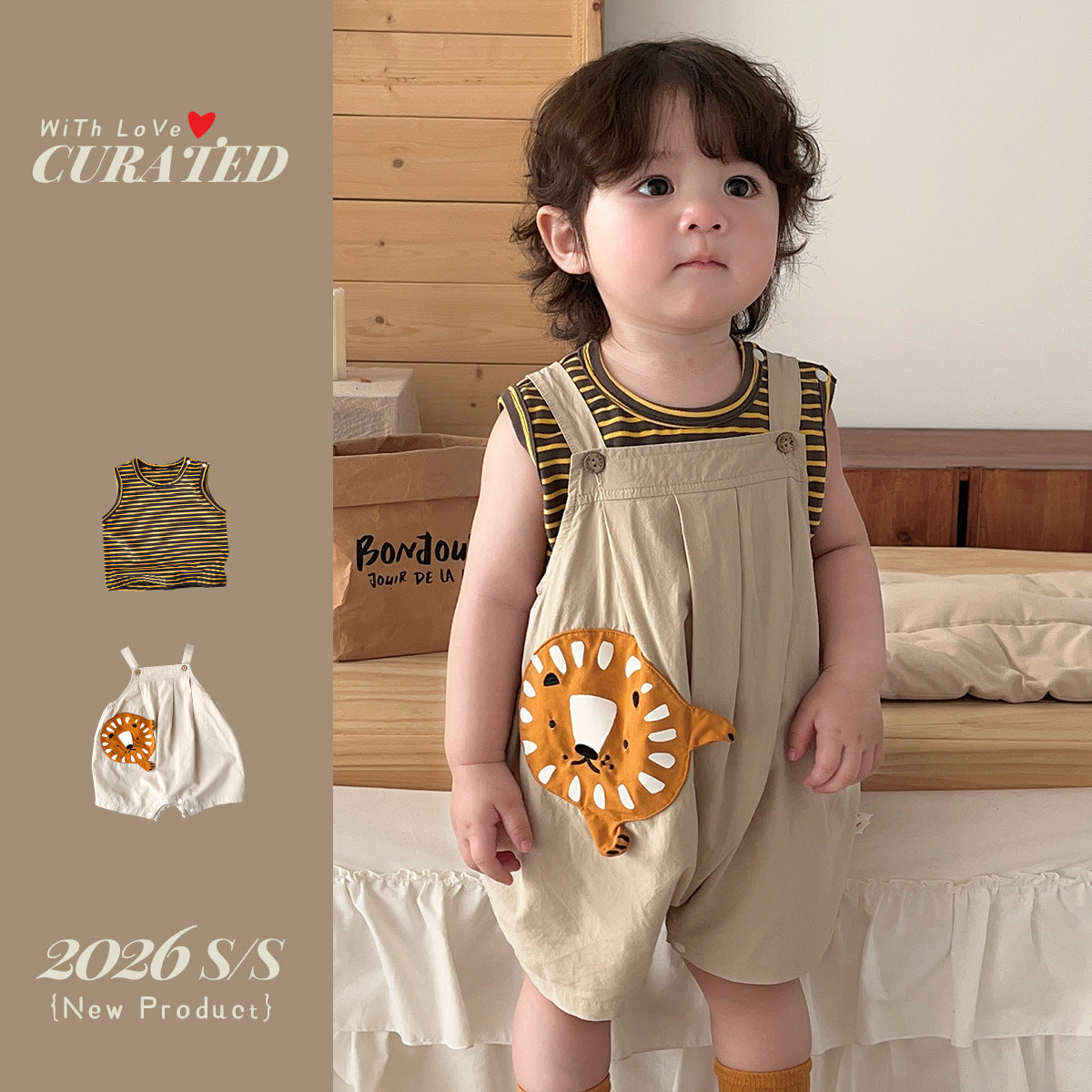 Lion Overalls with Stripe Vest, Two-Piece Set, Children's Summer Clothing