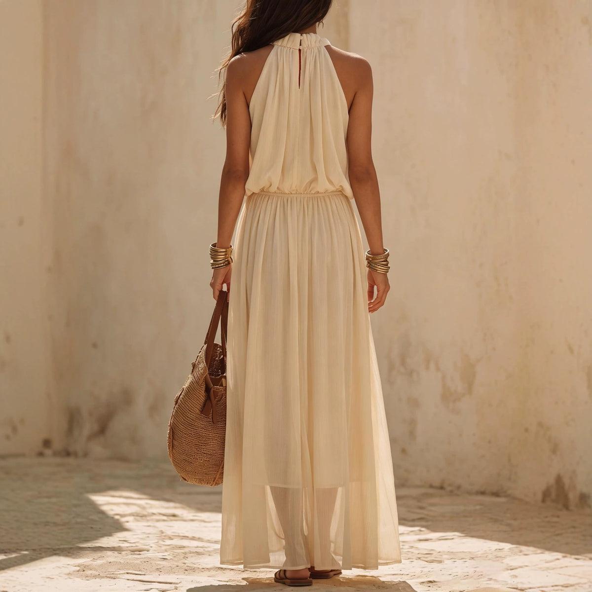 Halter neck and waist cinching dress