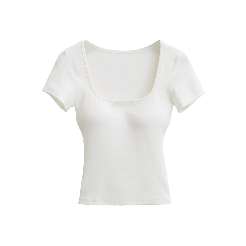 Slim Fit Round Neck Candy Color Short Sleeve T-Shirt with Padded Cups