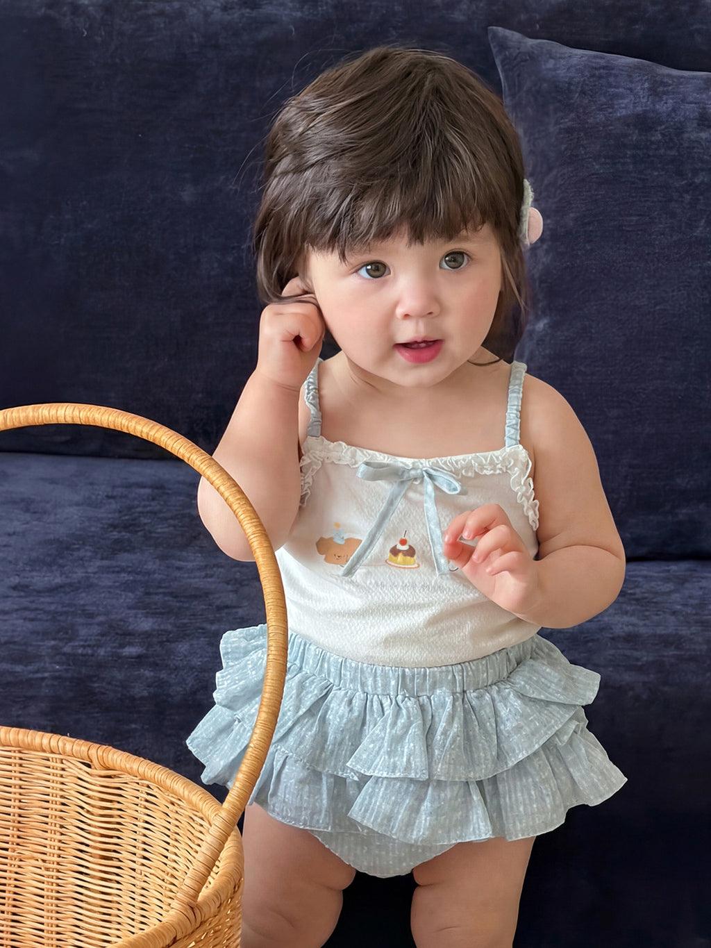 Cute Cartoon Strap Ruffle Bloomers Dress Set for Girls Kids Clothing, Summer Outfit Two-Piece Set