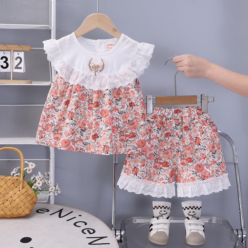 Summer clothes big flower short sleeved two-piece set