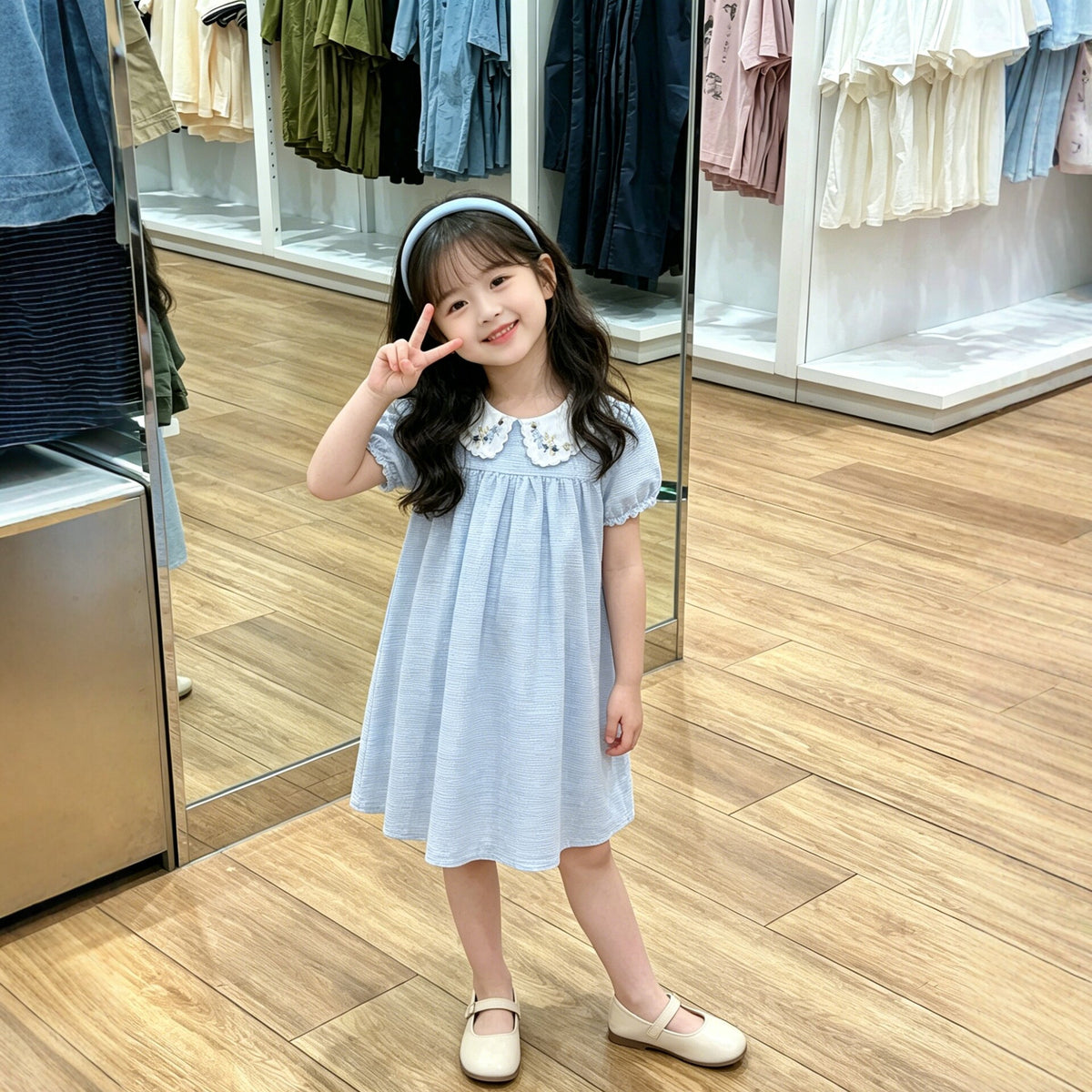 Girls' Peter Pan Collar Embroidered Short Sleeve Dress